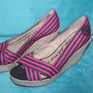 Libby Edelman red Navy blue stripe platform wedge Size 7.5M Excellent